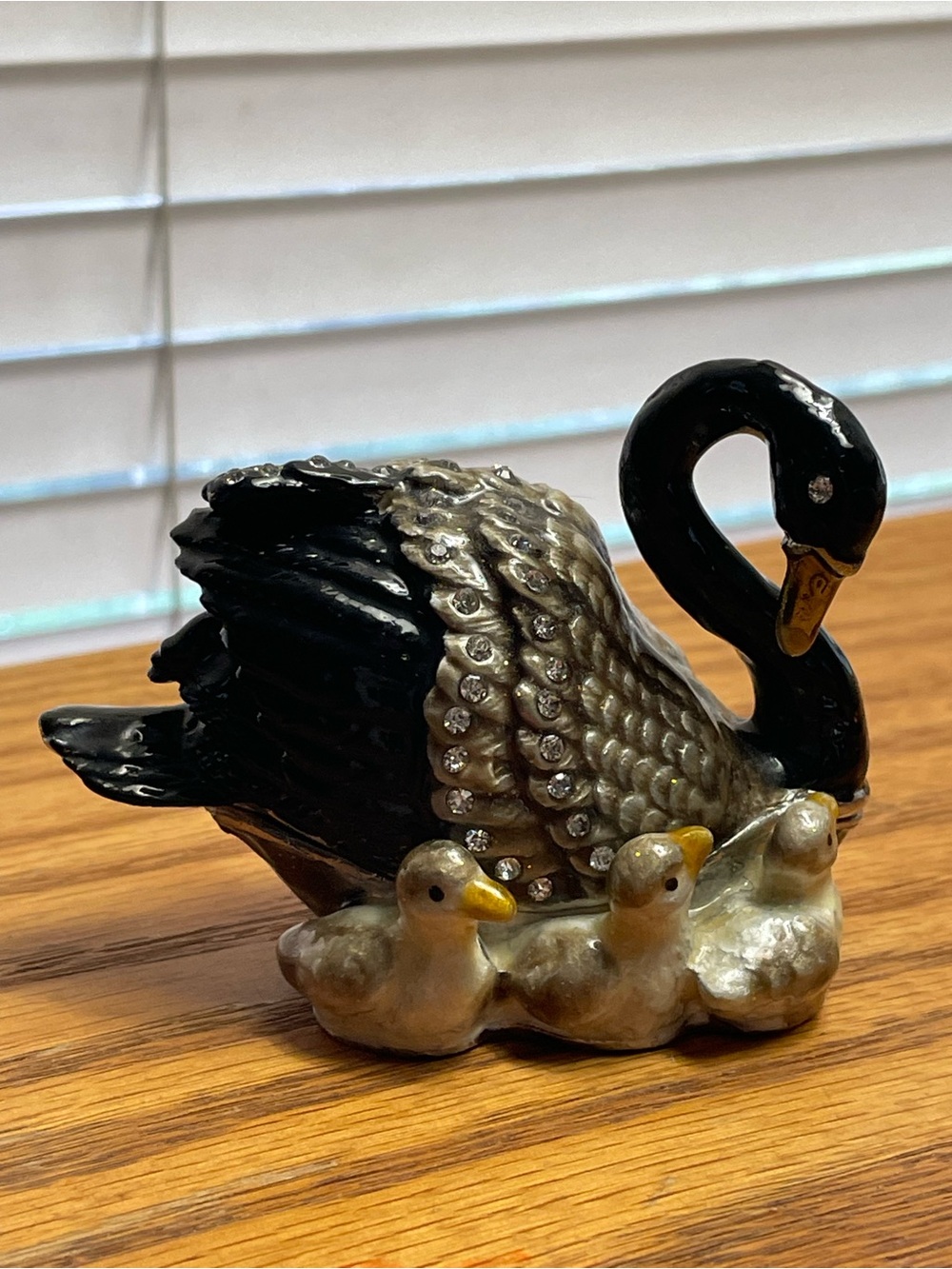 Bejeweled Black Swan with Cygnets Hinged Enamel Rhinestone Trinket Box